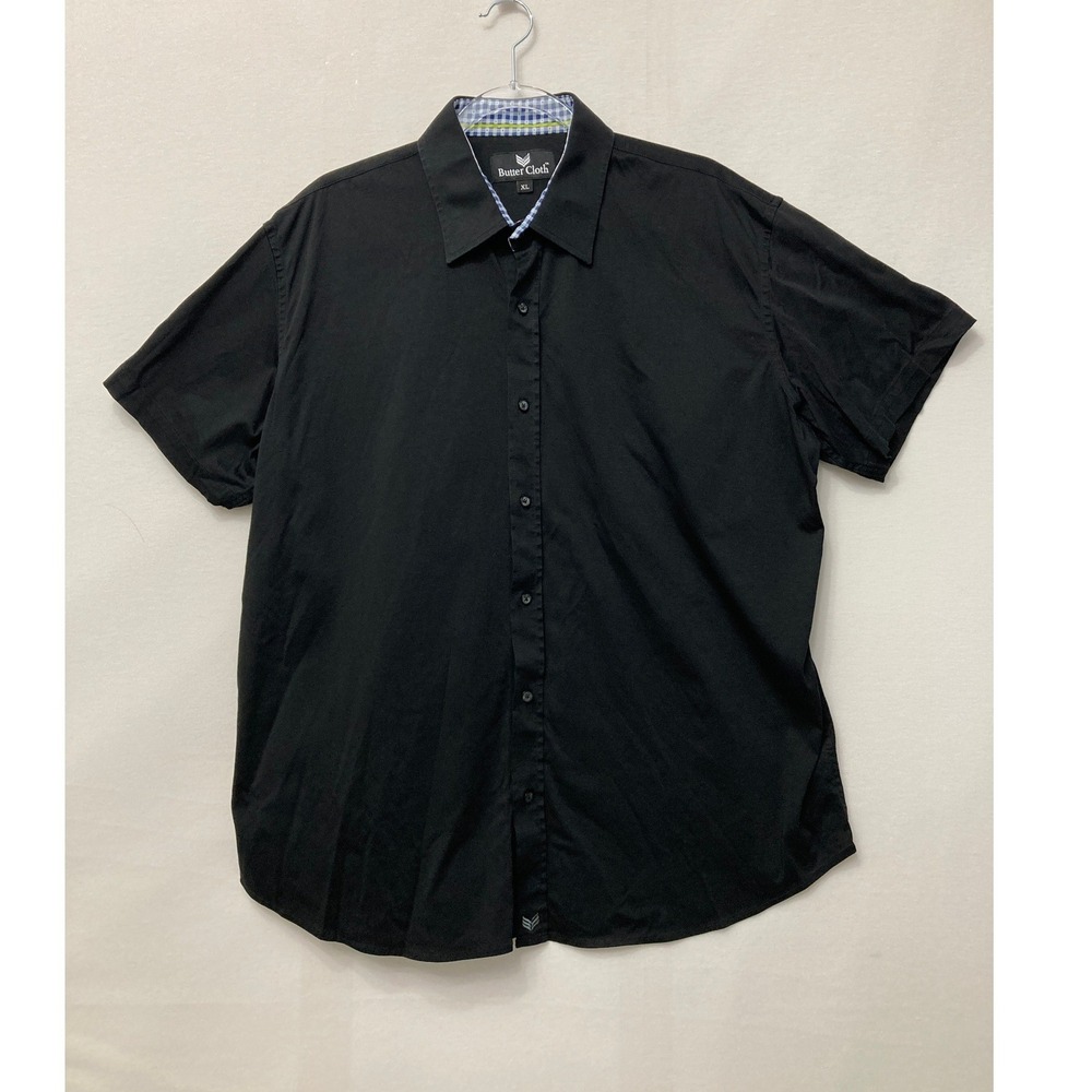 Butter Cloth Button Down Shirt XL Black Short Sleeve Cotton Casual Gingham Trim